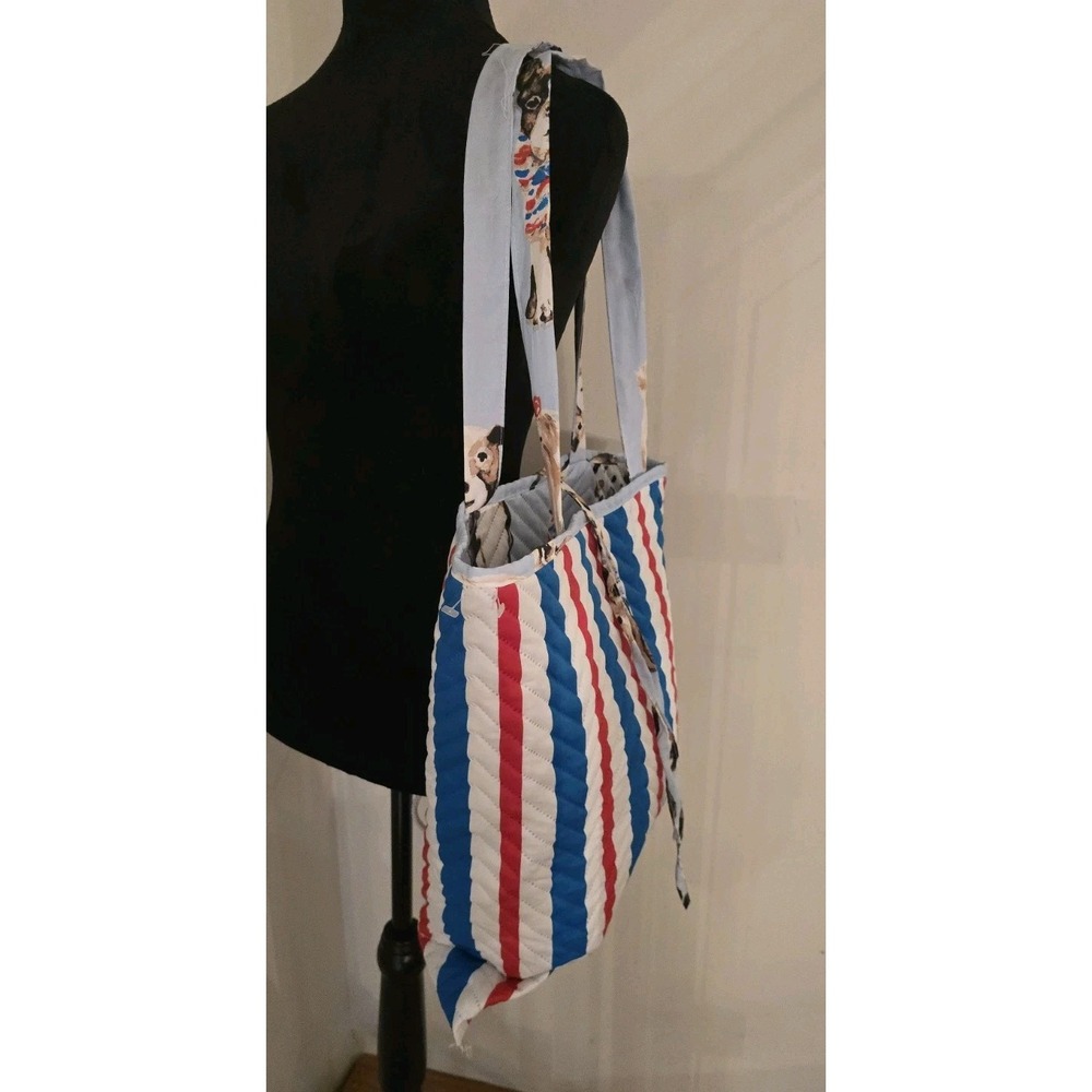Mainstays Reversible Quilted Tote Bag Dog Print Blue Red Striped Shoulder Bag - Picture 2 of 12